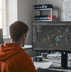 Student with orange hoodie designing a Mech Eng model.